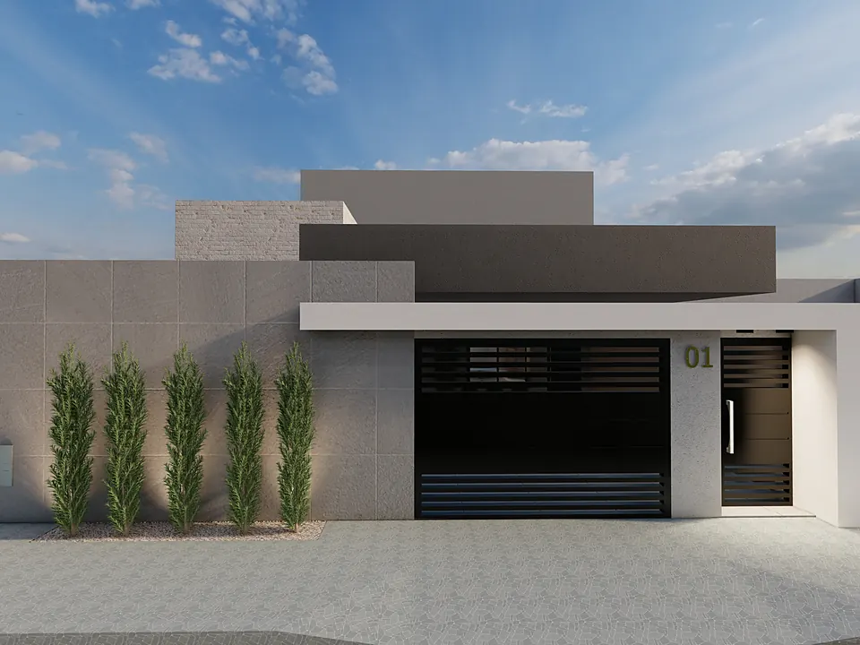 Casa térrea moderna com fachada em tons de cinza e portão escuro