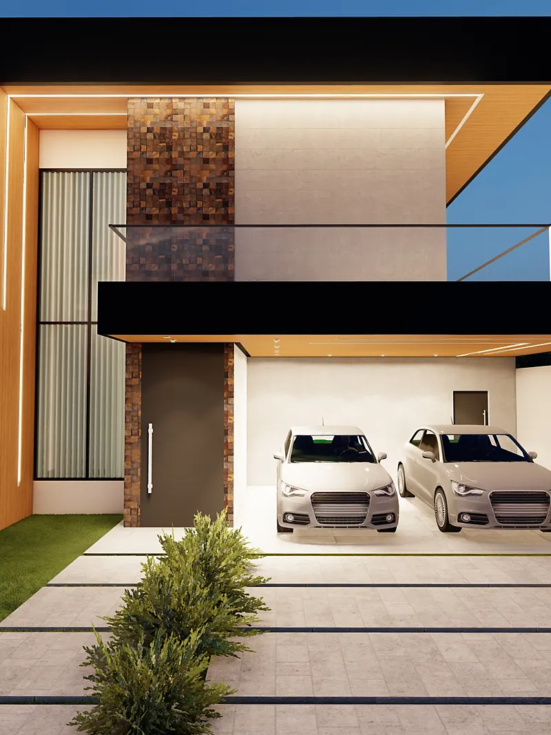 Sobrado contemporâneo com fachada escura, madeira e garagem para dois carros