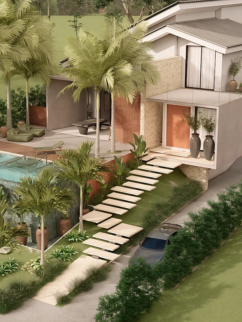 Projeto de casa em desnível com piscina e escada de pedra no jardim